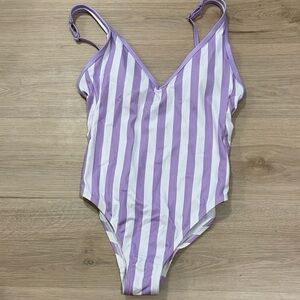 Kona Sol Women V-Neck Purple Stripped One Piece Swimsuit